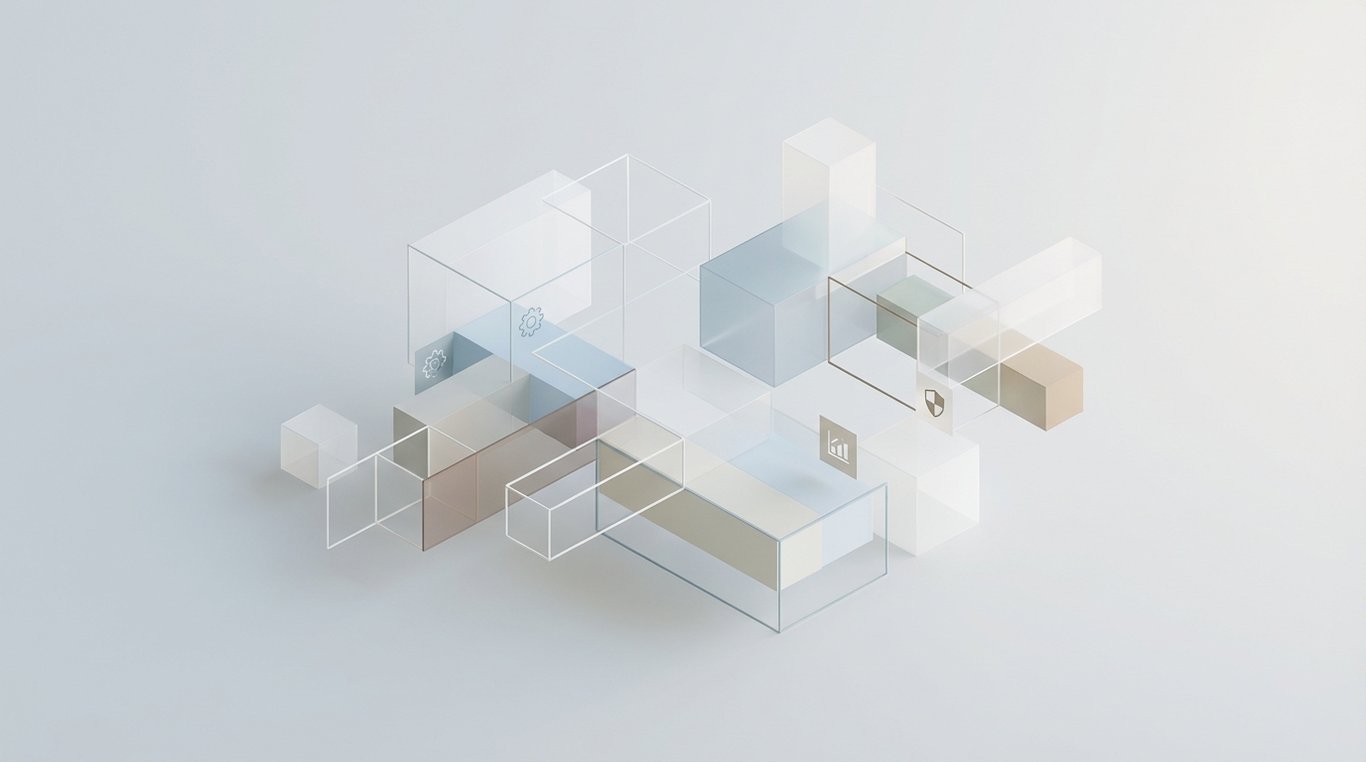 Icônes 3D minimalistes flottantes représentant des engrenages, des graphiques en hausse et des documents structurés, style corporate propre