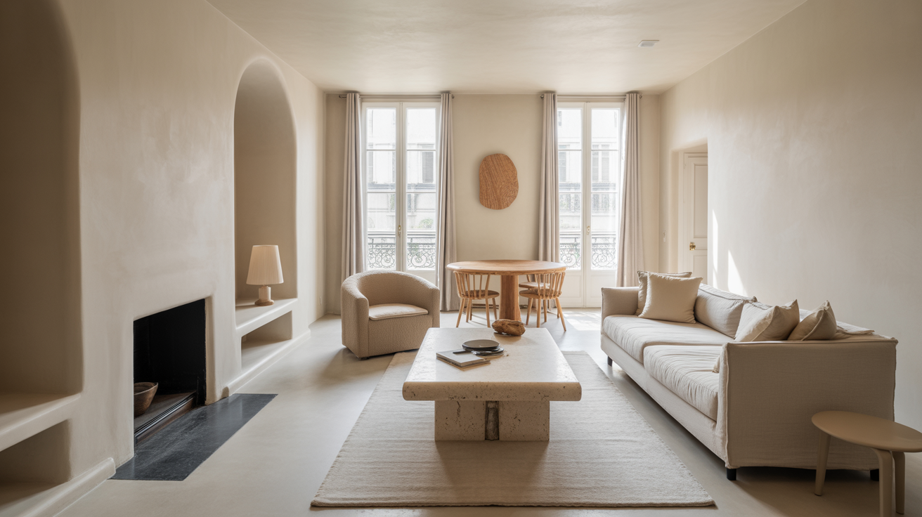 Salon spacieux et lumineux au design minimaliste et chaleureux, style wabi-sabi