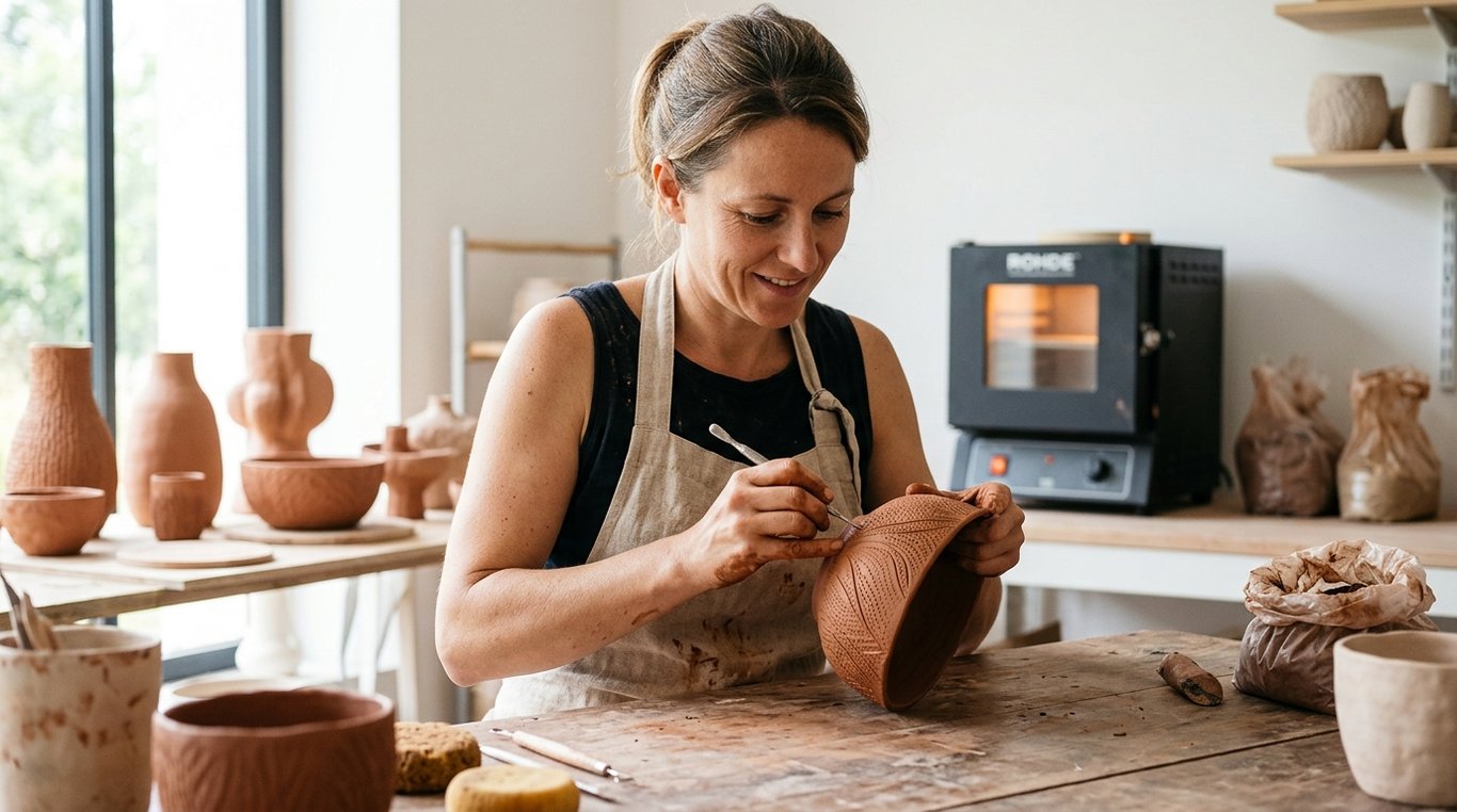 Claire, céramiste, avec un pot en argile en cours de façonnage.