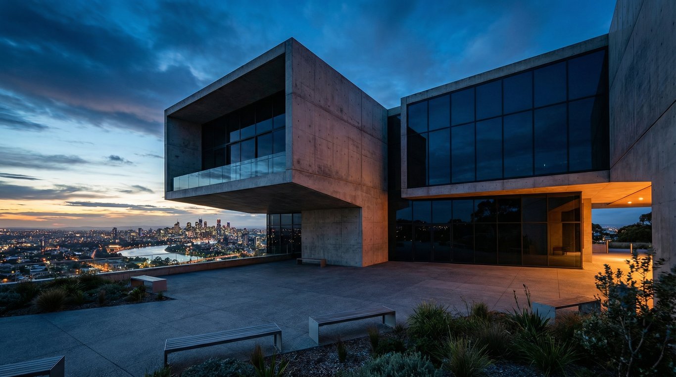 Façade en béton brut d'une résidence de montagne minimaliste