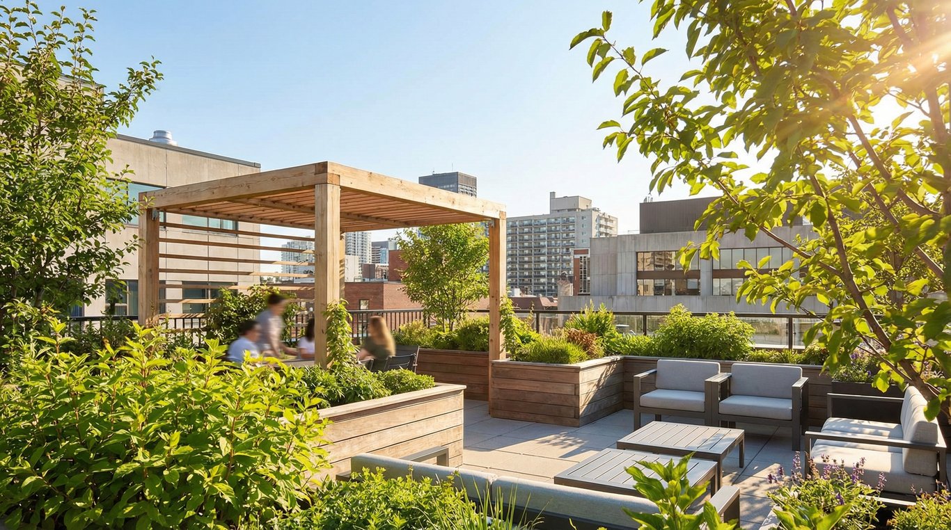 Terrasse urbaine avec mobilier en rotin et plantes