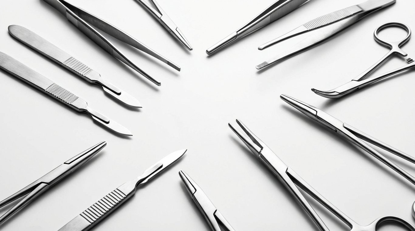 Équipements médicaux vétérinaires en acier inoxydable, vue macro, style Swiss Design