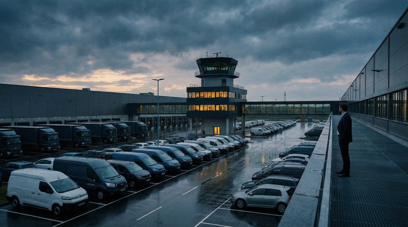 Tableau de bord numérique flottant au-dessus d'un alignement parfait de véhicules de luxe dans un showroom moderne, éclairage studio, ambiance technologique bicolore bleu et orange