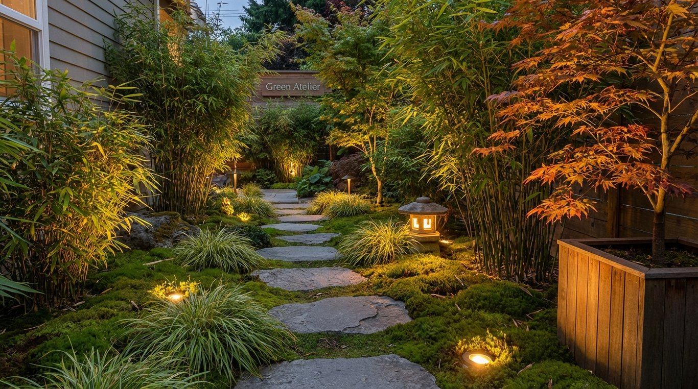 Allée bordée de bambous et éclairage doux au crépuscule