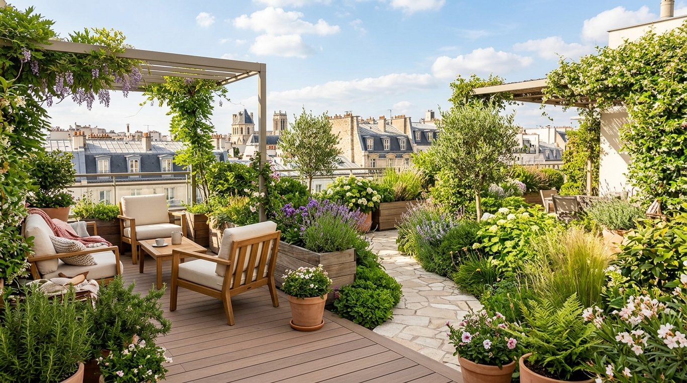 Terrasse avant : surfaces minérales et végétation peu présente.
