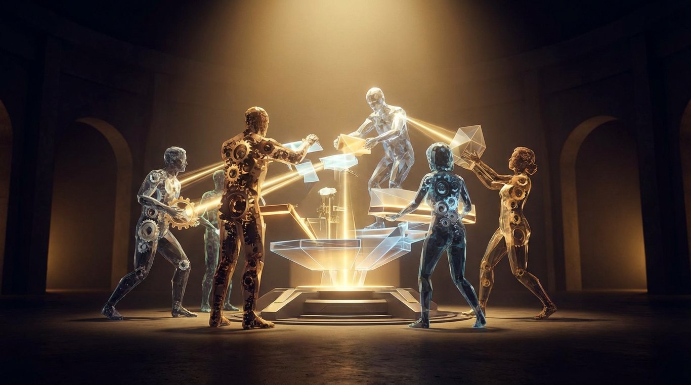 Bureau moderne et sombre avec écrans affichant des lignes de code et des analytics, ambiance cyberpunk chic avec lumière bleue