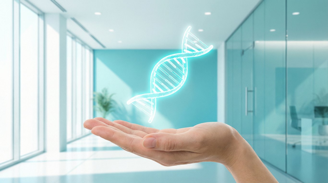 Double hélice d'ADN stylisée au-dessus d'une main humaine dans un environnement clinique cyan et blanc