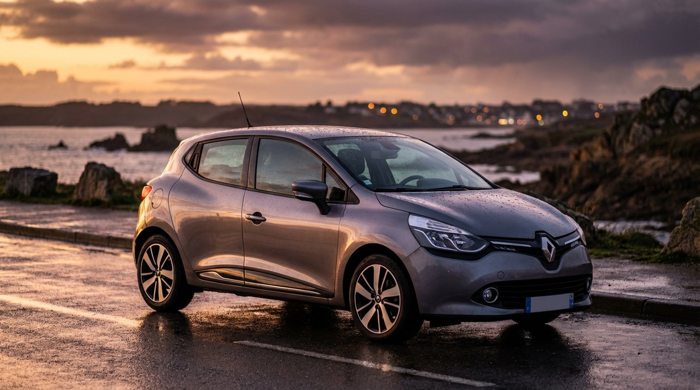 Photo d'une Renault Clio blanche stationnée sur rue urbaine