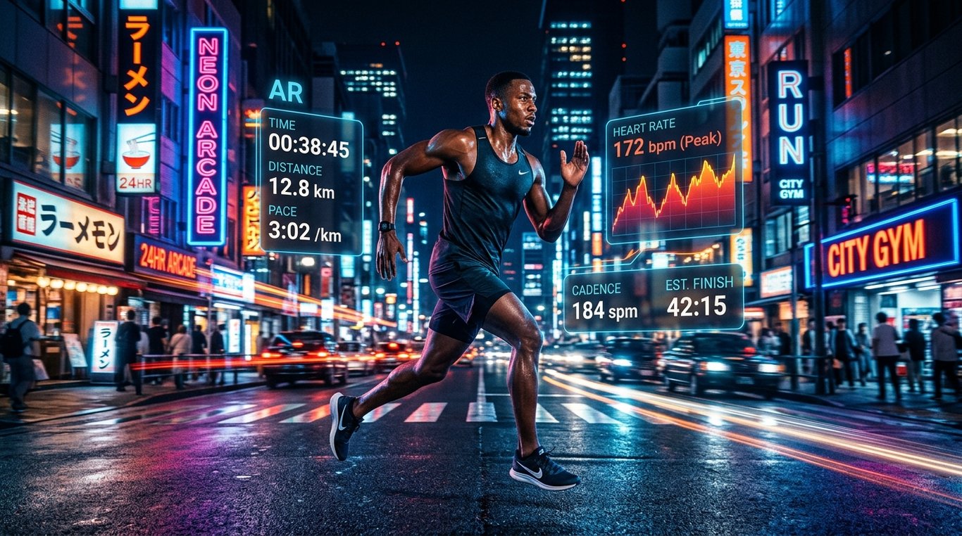 Coureur urbain de nuit avec interface réalité augmentée