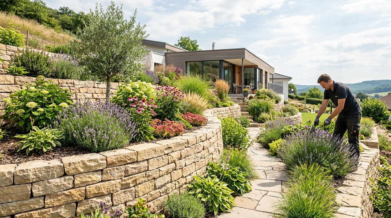 Jardin en pente réaménagé avec murs de soutènement et végétation adaptée