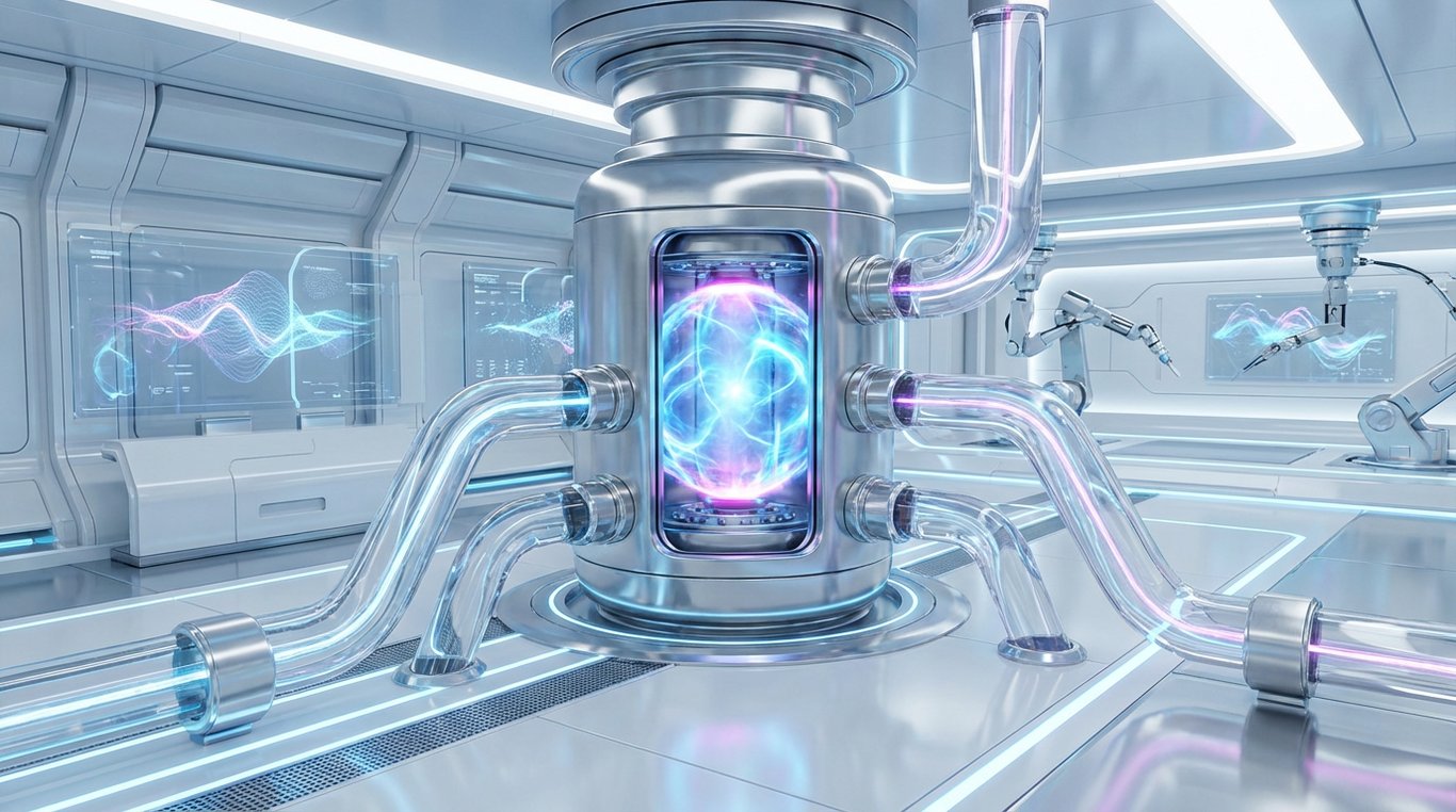 Illustration 3D en coupe transversale du dispositif Neo-Plasma montrant les couches de filtres et la lumière UV/Plasma détruisant des particules virales