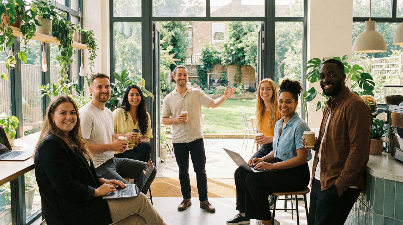 Réceptionniste souriante en lobby moderne avec accents couleur teal