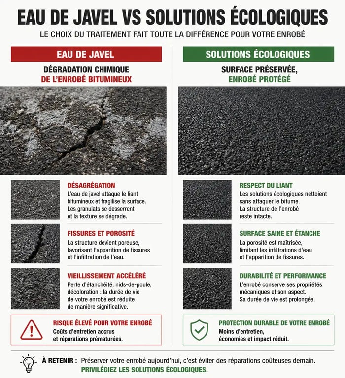 Infographie comparative des effets de l'eau de javel sur enrobé et alternatives écologiques