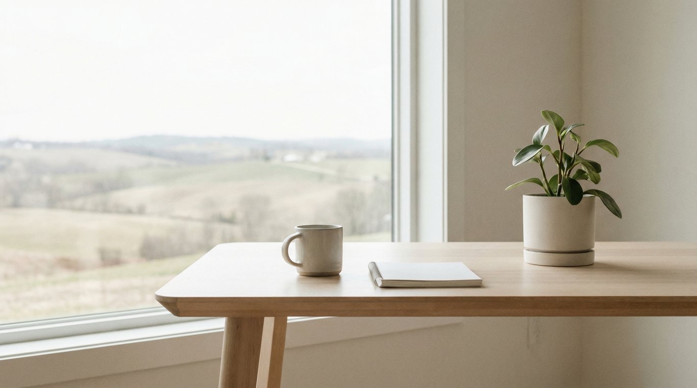 Architecture intérieure d'un bureau de design minimaliste, murs blancs, mobilier noir, grande fenêtre, lumière naturelle