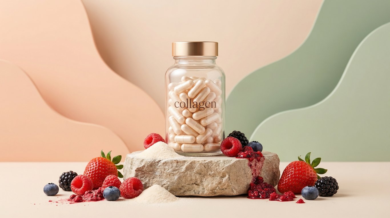 Flacon de complément alimentaire NutriPeau sur un piédestal en pierre avec des ingrédients naturels