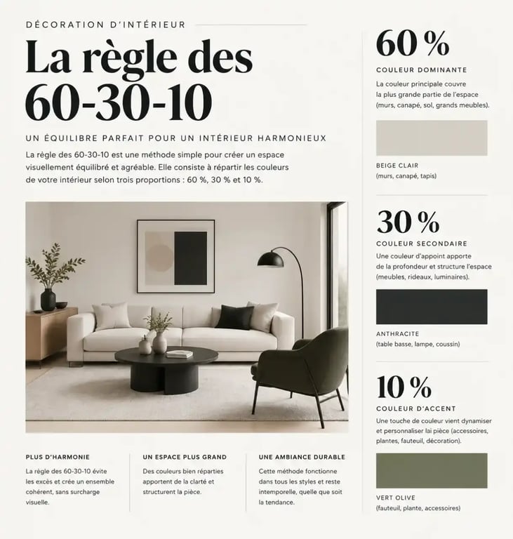 Infographie illustrant la règle 60-30-10 pour une décoration intérieure harmonieuse