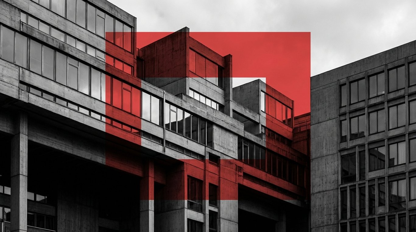 Architecture européenne moderne en béton et verre avec forme géométrique rouge