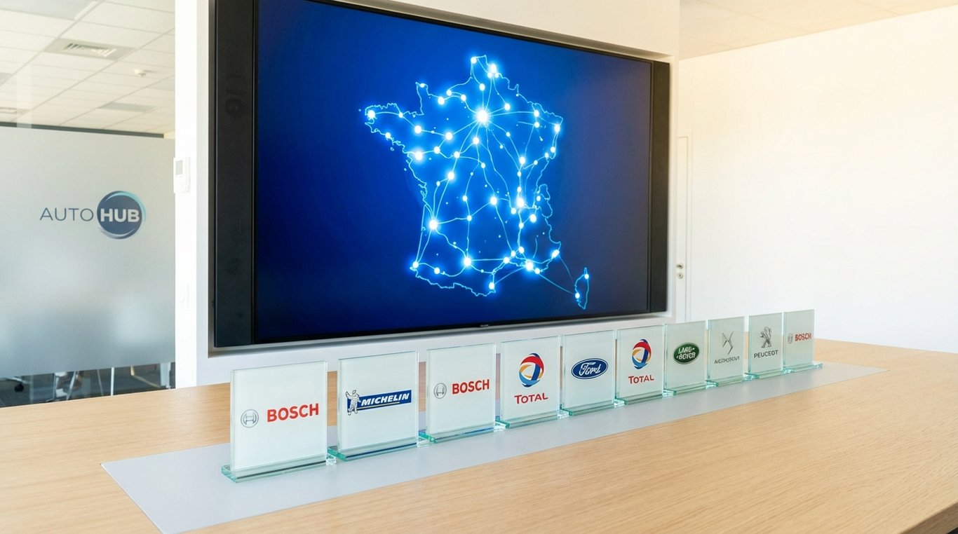 Événement de networking Auto Hub avec professionnels de l'automobile échangeant dans un espace moderne