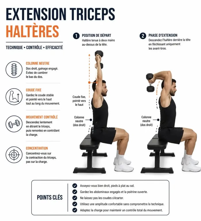 Exécution correcte de l'extension triceps haltères avec maintien du coude