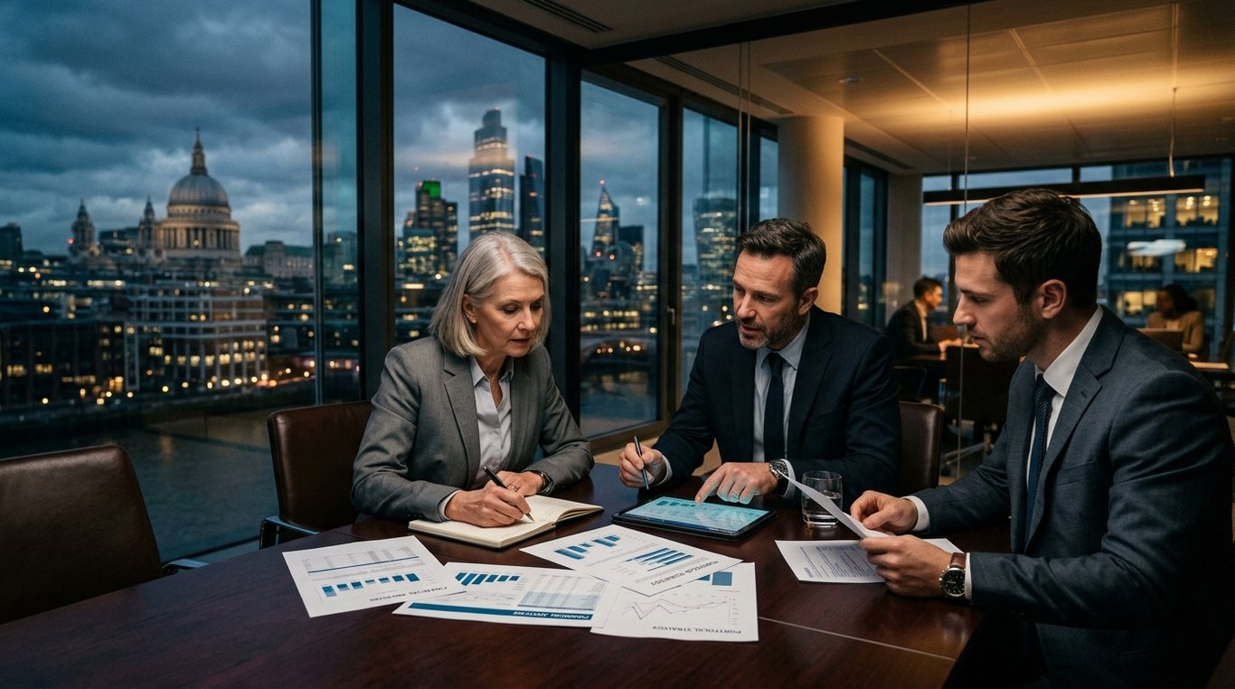 Photographie dramatique illustrant un contexte professionnel et financier premium
