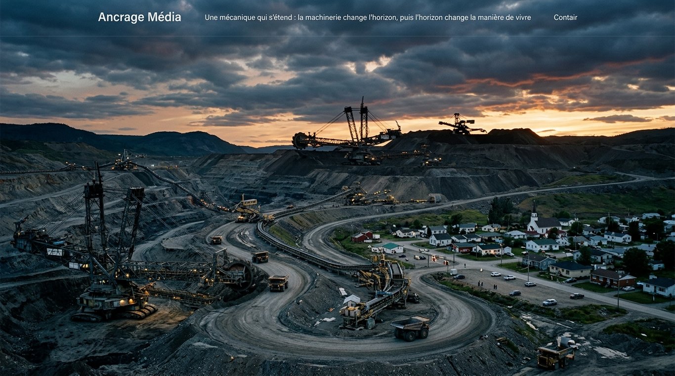 Paysage industriel brumeux : machinerie rouillée et ciel lourd évoquant une extraction illégale