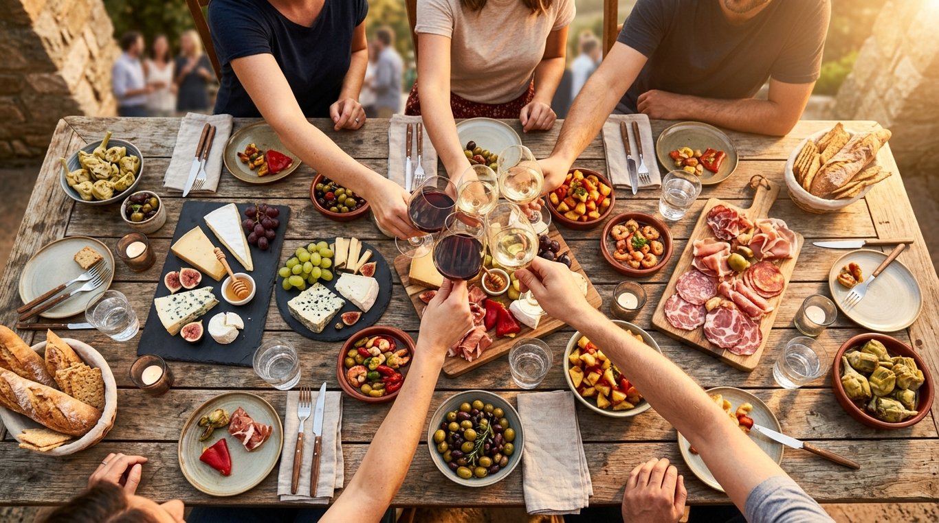 Une grande table en bois rustique vue de haut, remplie de planches de fromages, charcuteries, tapas colorés