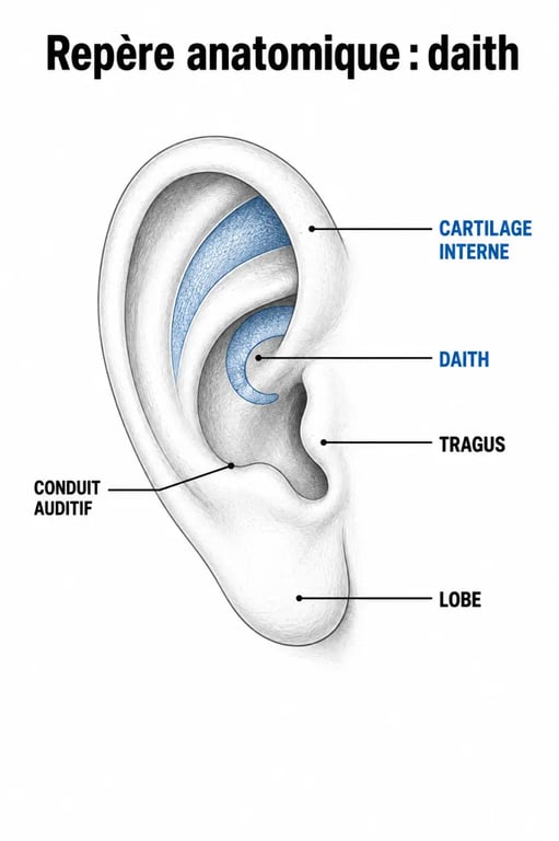 Schéma du piercing oreille migraine montrant l’emplacement du daith dans l’oreille