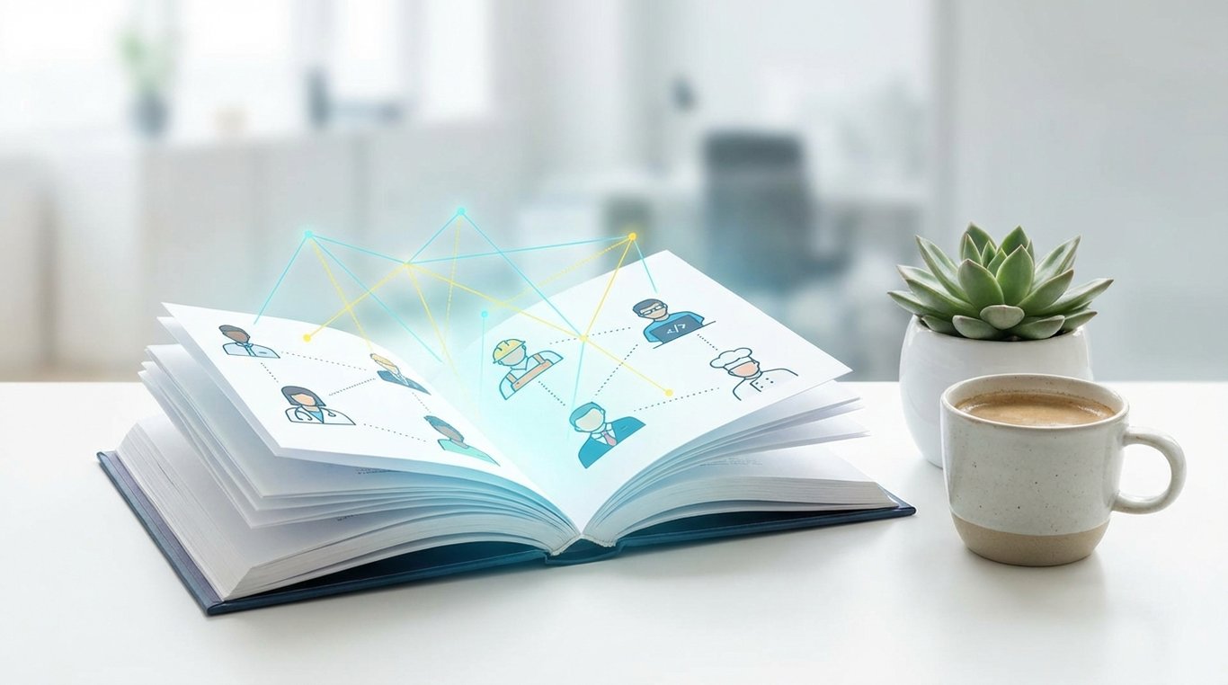 Espace de travail d'architecte bien rangé avec échantillons de matériaux, plans et tablette montrant des profils professionnels