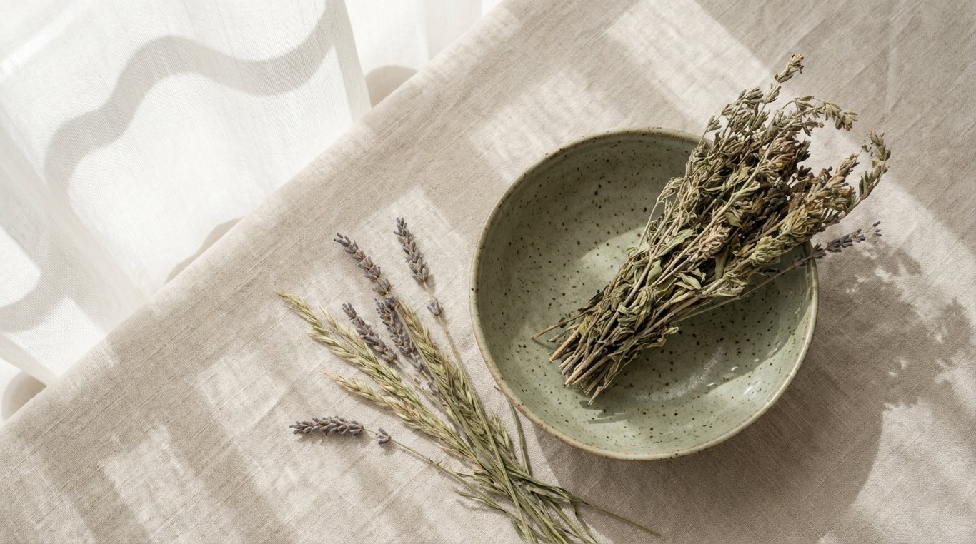 Composition minimaliste et zénithale avec herbes séchées et lumière douce