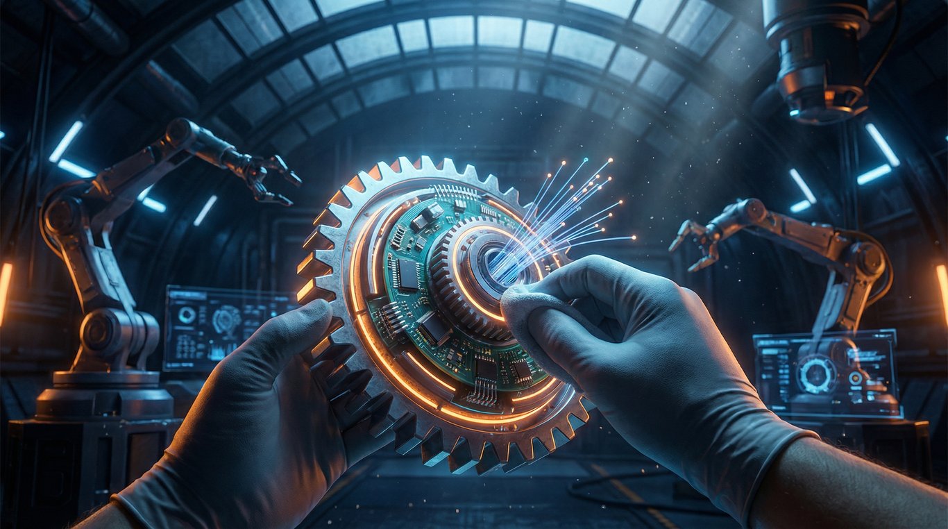 Zoom sur une main cybernétique manipulant un hologramme filaire lumineux bleu cyan