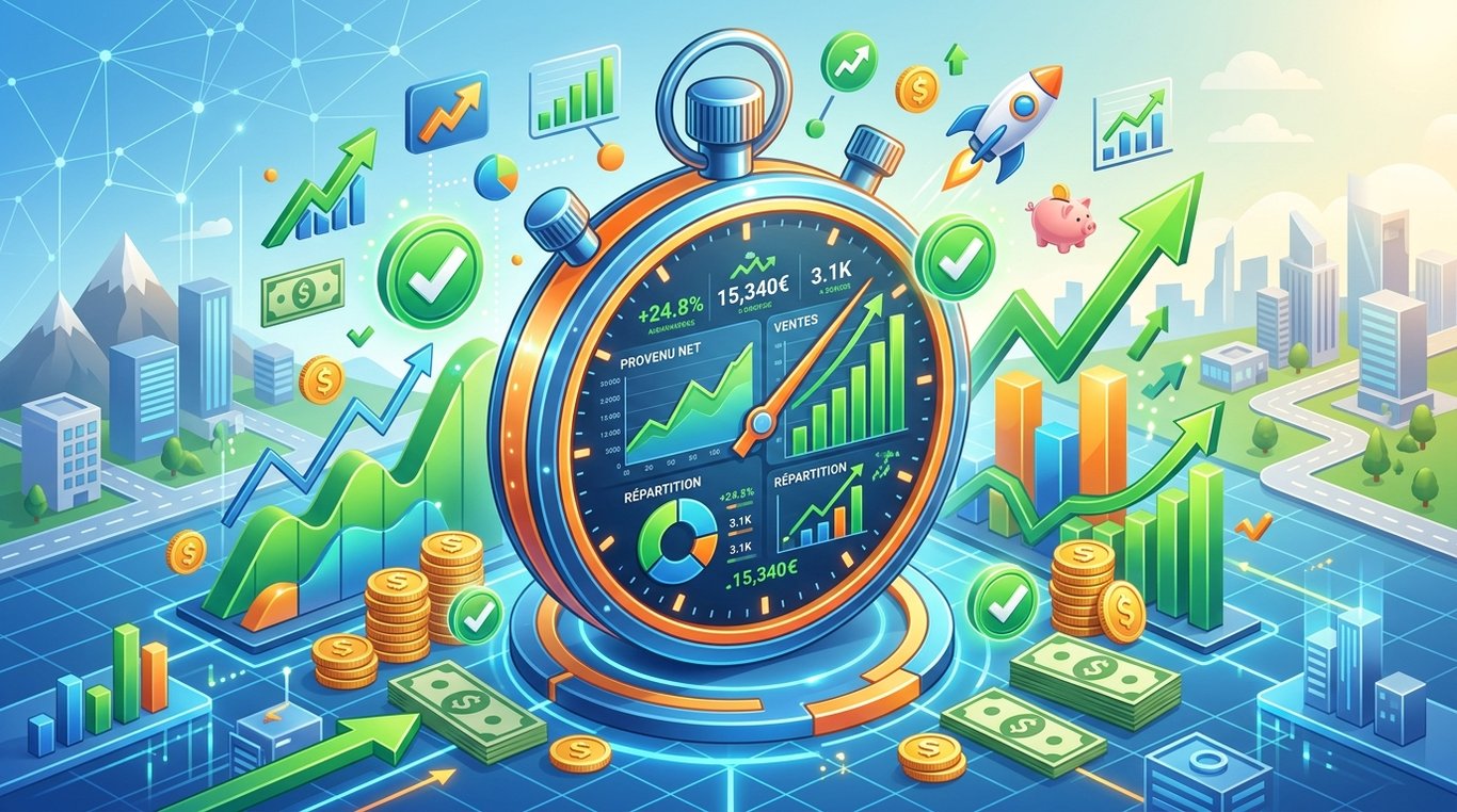 Illustration isométrique 3D moderne montrant un tableau de bord financier qui se génère rapidement à l'intérieur d'un chronomètre stylisé