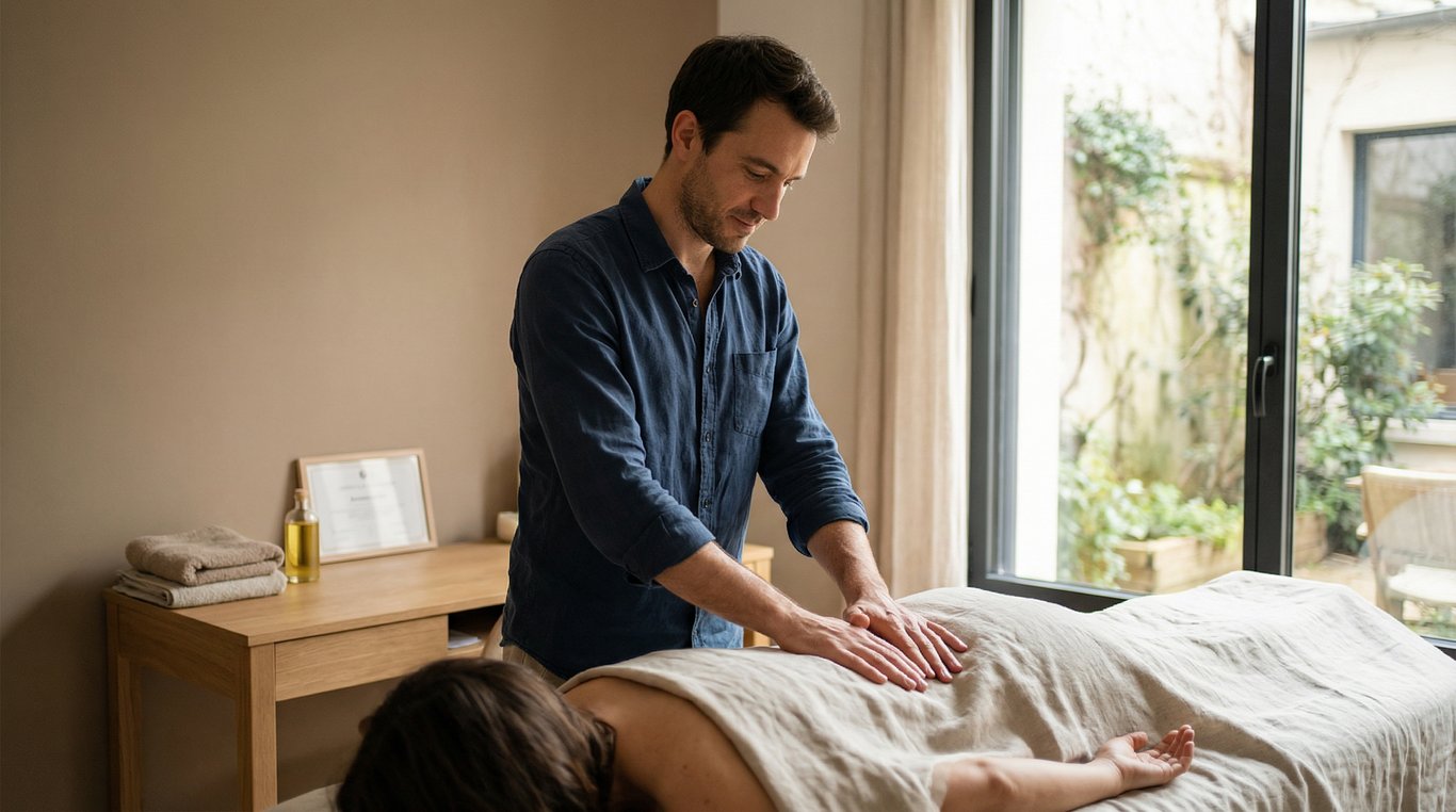 Portrait d’Antoine Leroy, ostéopathe en consultation avec un patient