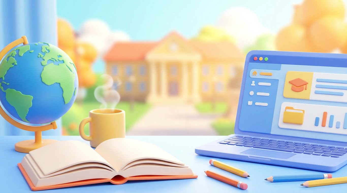 Composition Flat lay organisée sur un bureau : cahier ouvert, stylo, tablette affichant un graphique, et une tasse de café, vue de dessus