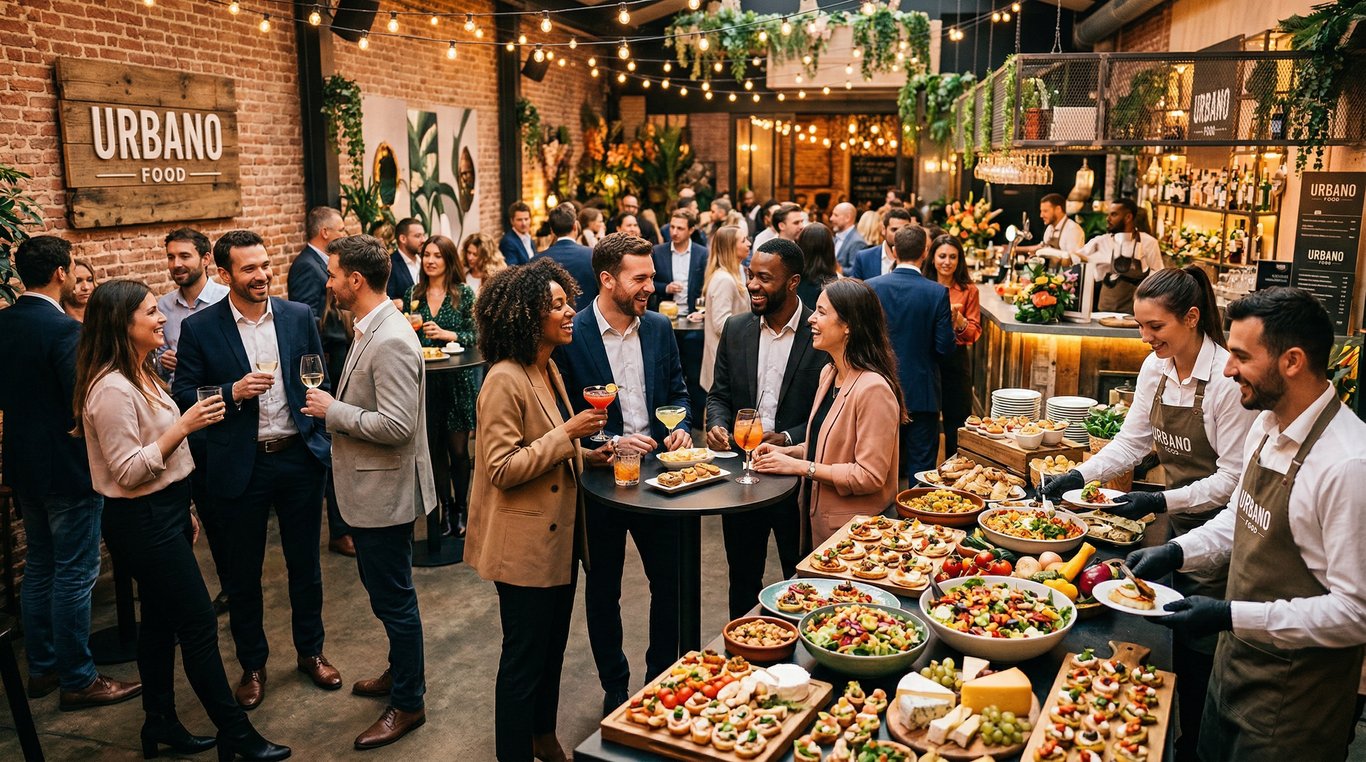 Soirée d'entreprise en extérieur avec guirlandes lumineuses, invités élégants dégustant des burgers, food truck éclairé en arrière-plan