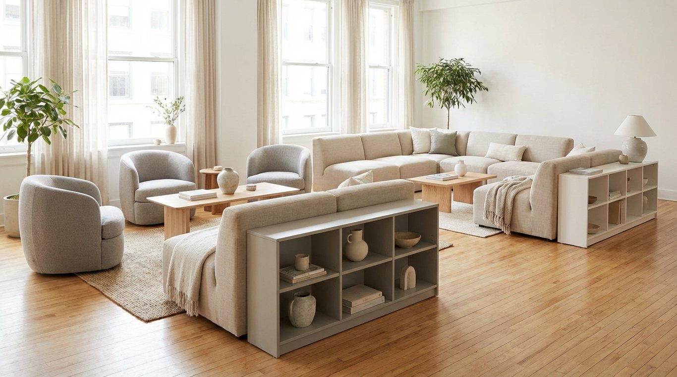 Salon contemporain avec canapé modulaire gris clair, table basse en travertin et tapis texturé