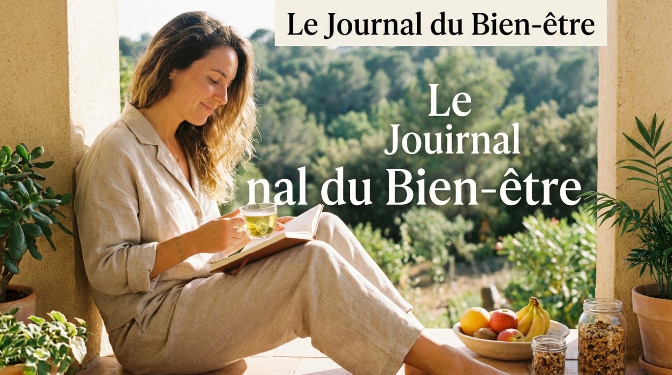 Composition flat-lay d'un carnet ouvert, d'une tasse de tisane et de fleurs séchées sur une nappe en lin