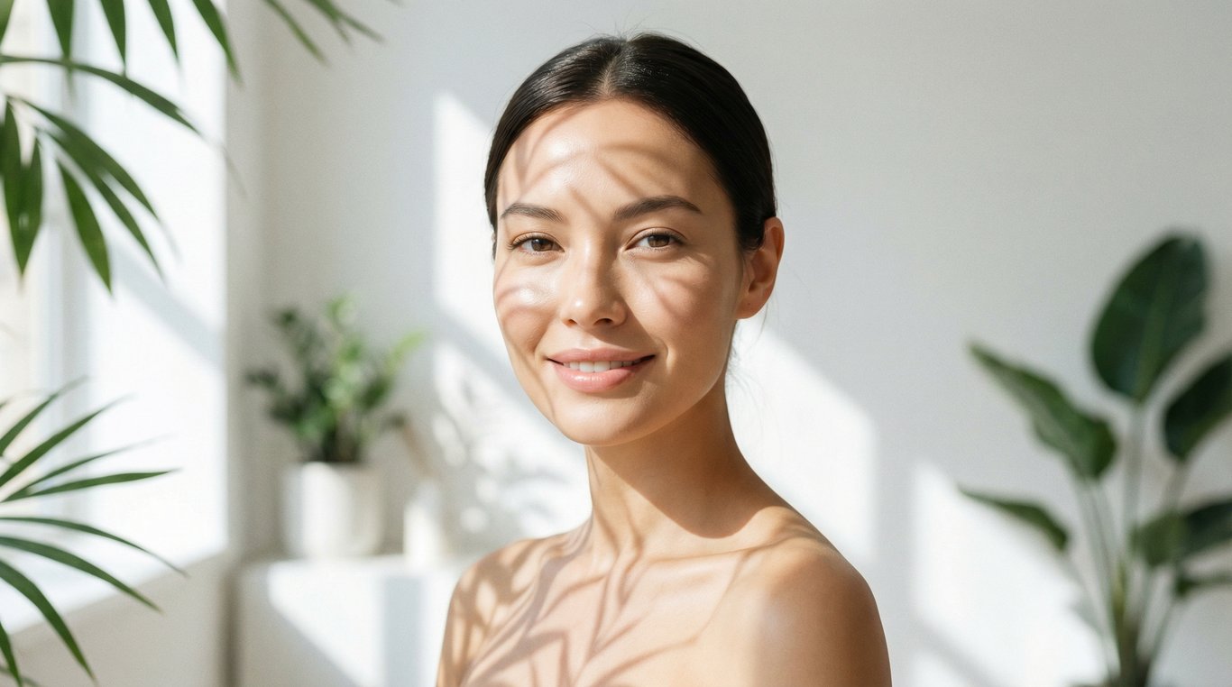 Femme au grain de peau parfait, ambiance lumineuse