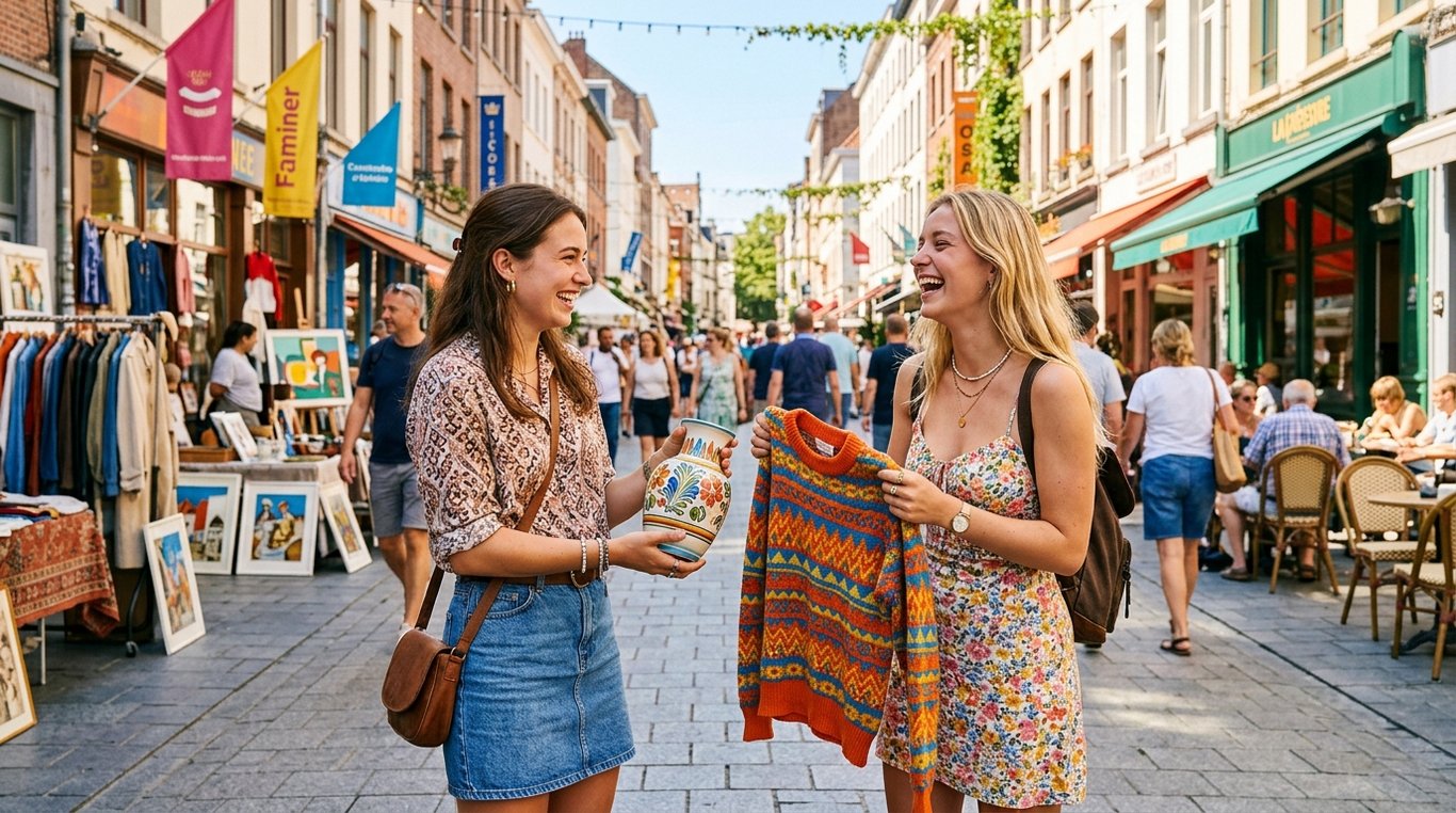 Deux personnes souriantes échangeant un vêtement vintage dans une rue ensoleillée