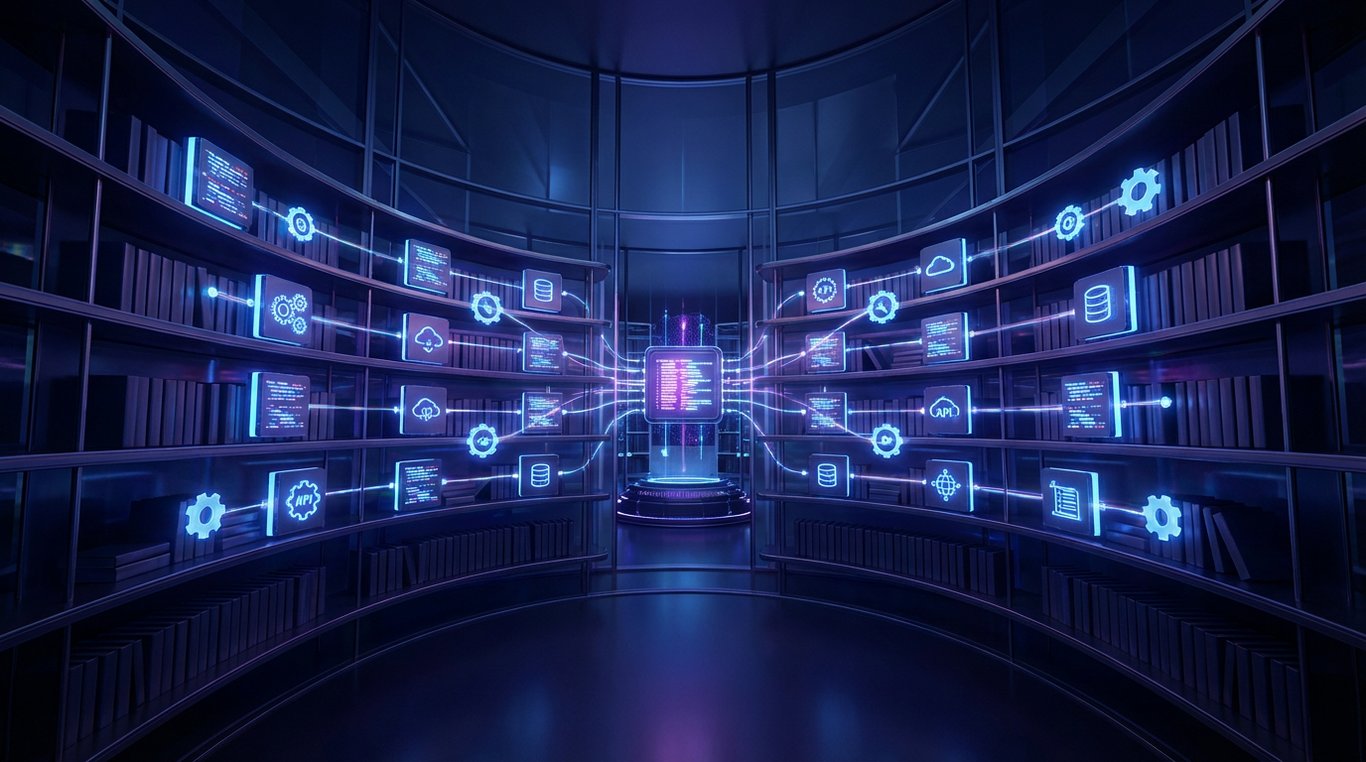 Sphère centrale rayonnante connectée à des centaines d’icônes flottantes représentant divers services cloud dans un réseau maillé