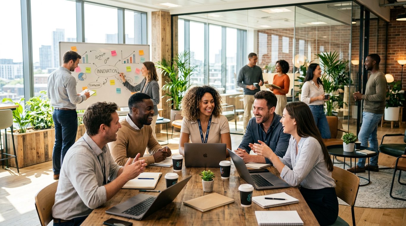 Portrait de groupe de l'équipe fondatrice souriante dans un espace associatif lumineux et accueillant
