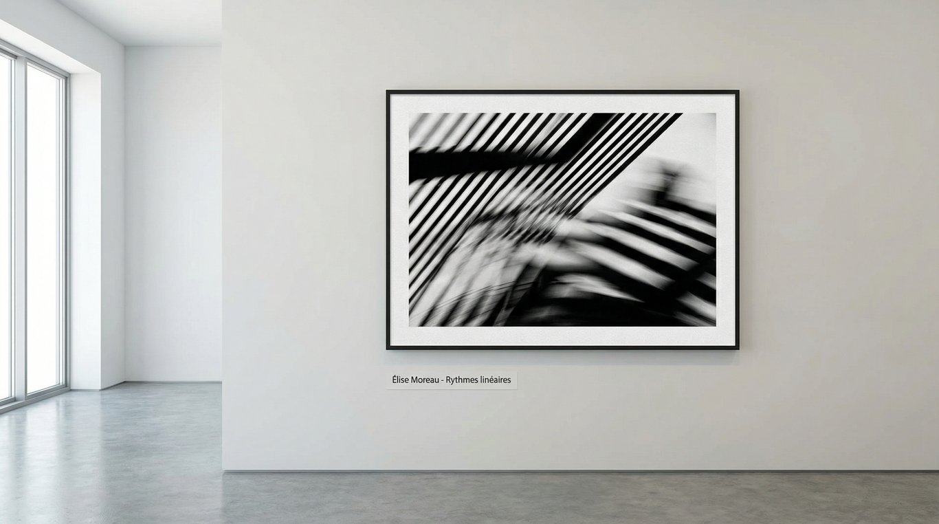 Œuvre phare de l'exposition 'Rythmes linéaires' : série de photographies abstraites en noir et blanc