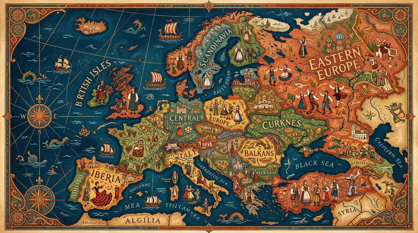 Carte artistique et détaillée de l'Europe mettant en valeur la diversité culturelle
