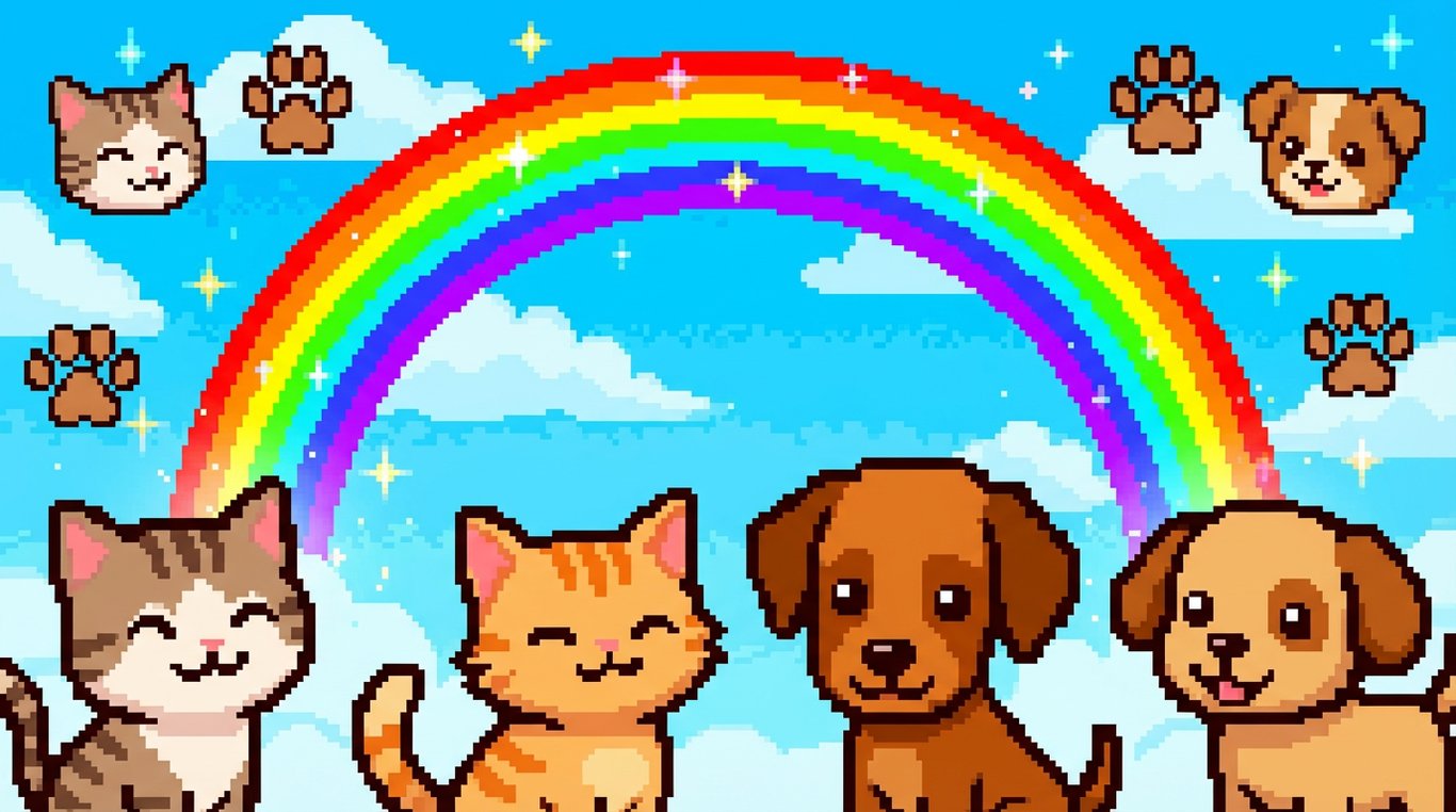 Bannière scintillante avec chatons et chiots, arc-en-ciel et empreintes de pattes