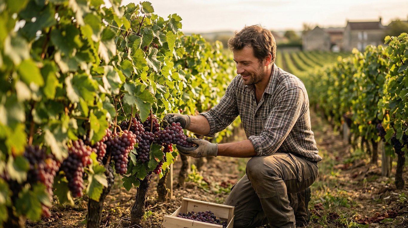Portrait de Thomas, vigneron tenant une bouteille de vin