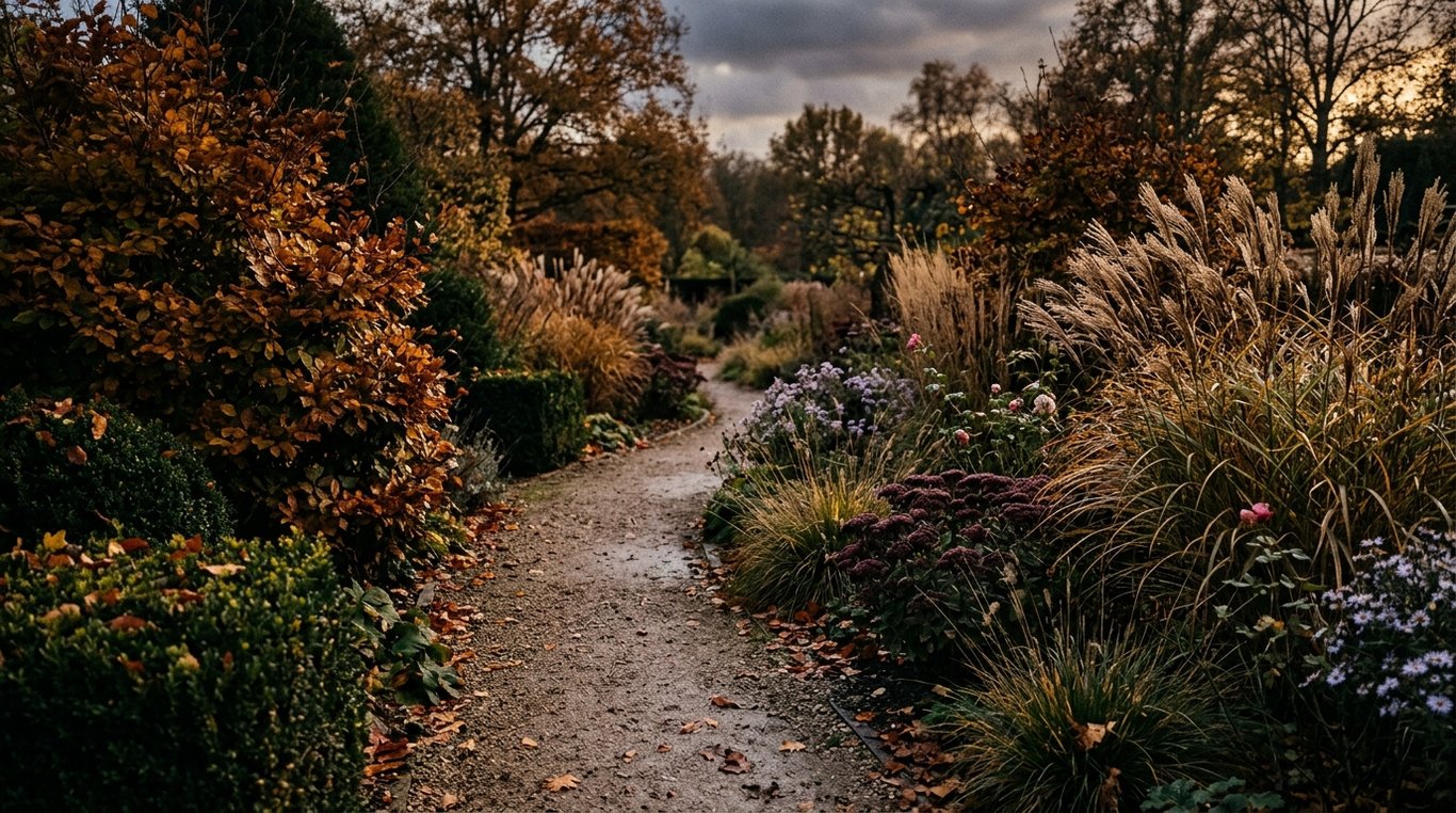 Allée de jardin urbain : cheminement, plantes structurantes et composition saisonnière