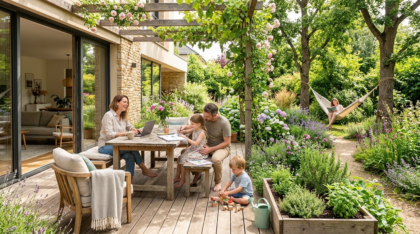 Vue d’un jardin aménagé : plantes variées, terrasses et zones de détente organisées.