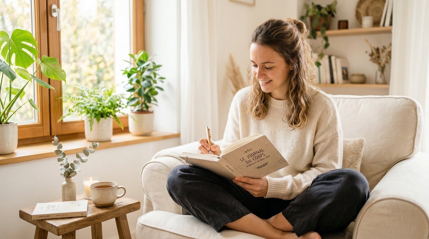 Carnet de notes ouvert à côté d'une tisane sur une table en bois