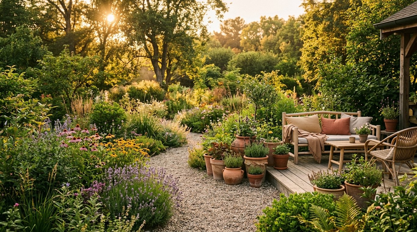 Un magnifique jardin naturel paysager à l'heure dorée, atmosphère invitante et organique