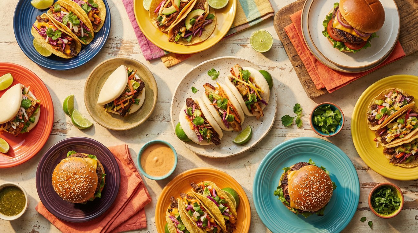 Table remplie de plats de street-food variés vue de dessus