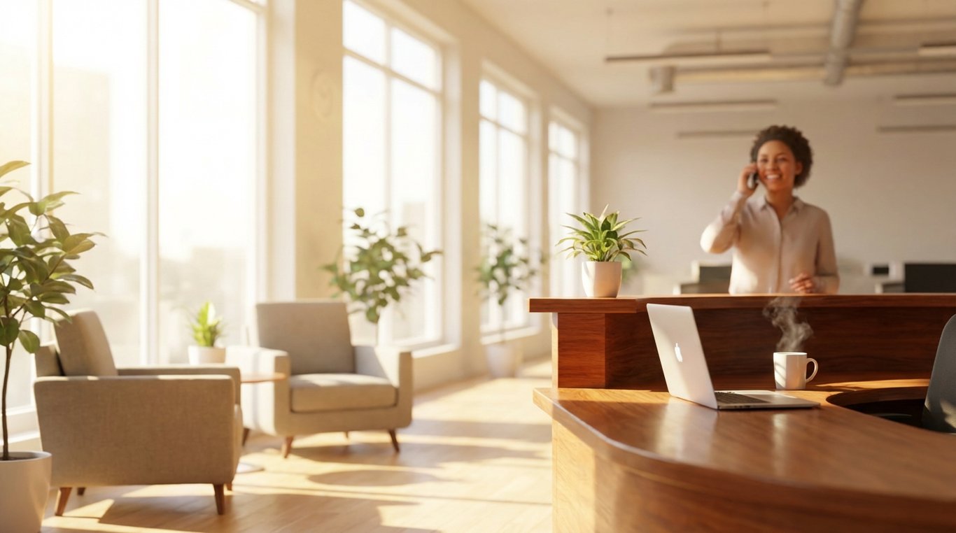 Bureau épuré en bois avec plans d'architecte, tasse de café et plante verte, lumineux